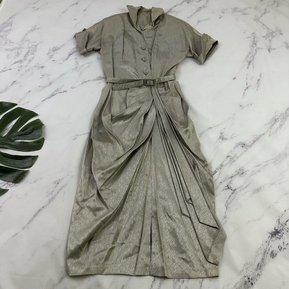 Womens Vintage 70s Sheath Shirt Dress Size 12 Silver Metallic Pleated Trim Belt